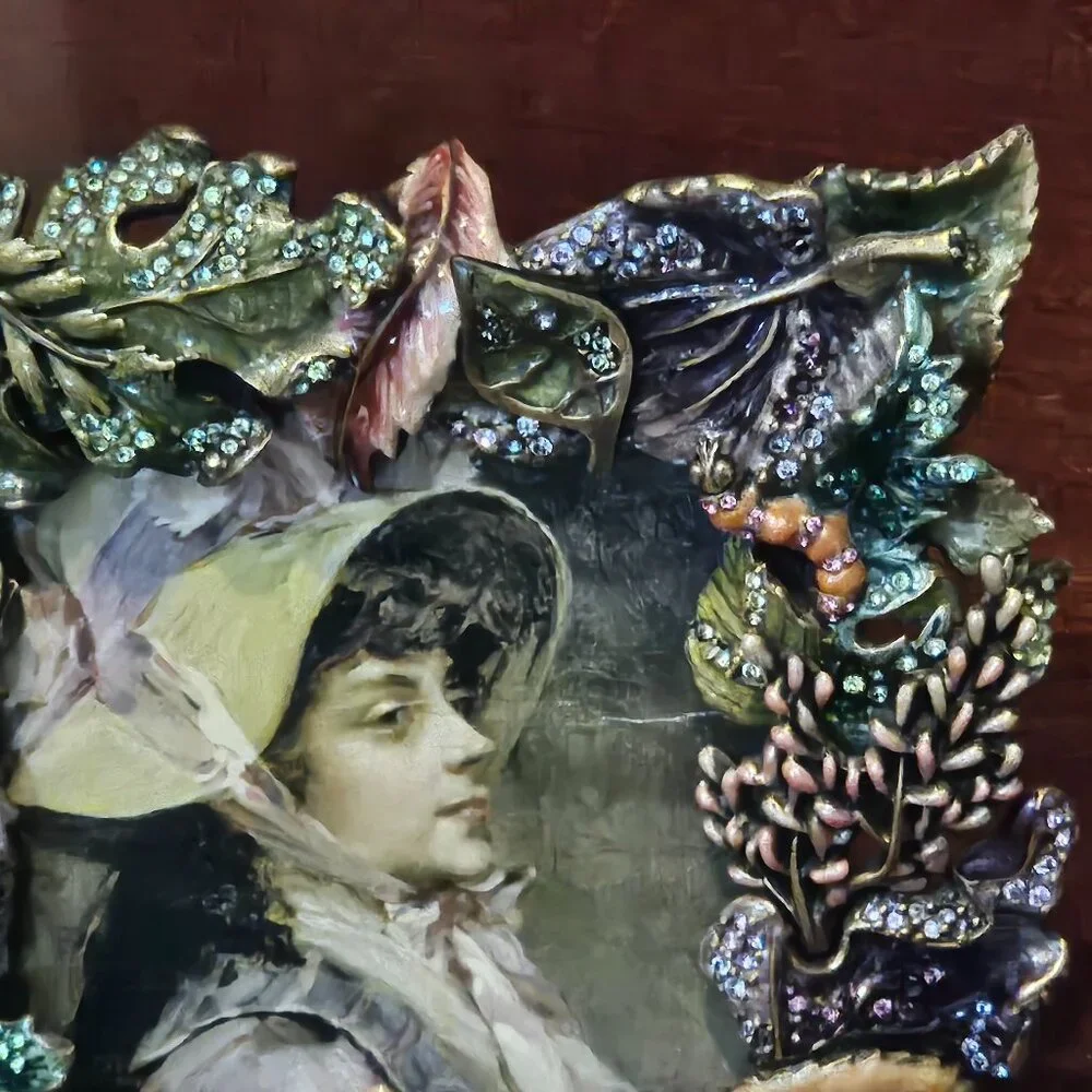 RARE JAY STRONGWATER SPRING SUMMER FLOWER LEAF CRYSTAL ENAMEL SQUARE FRAME